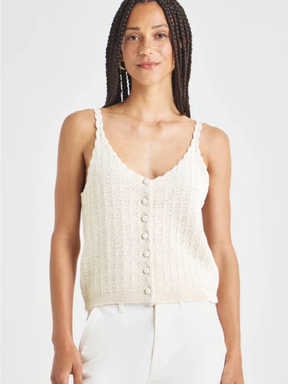 Splendid Cream Scallop-Edge Button Tank